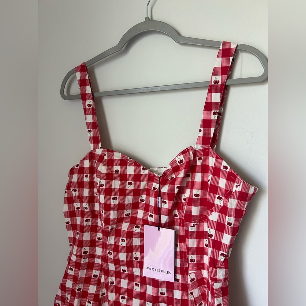 Avec Les Filles Cherry Red white Gingham Midi Dress - Picture 2 of 6
